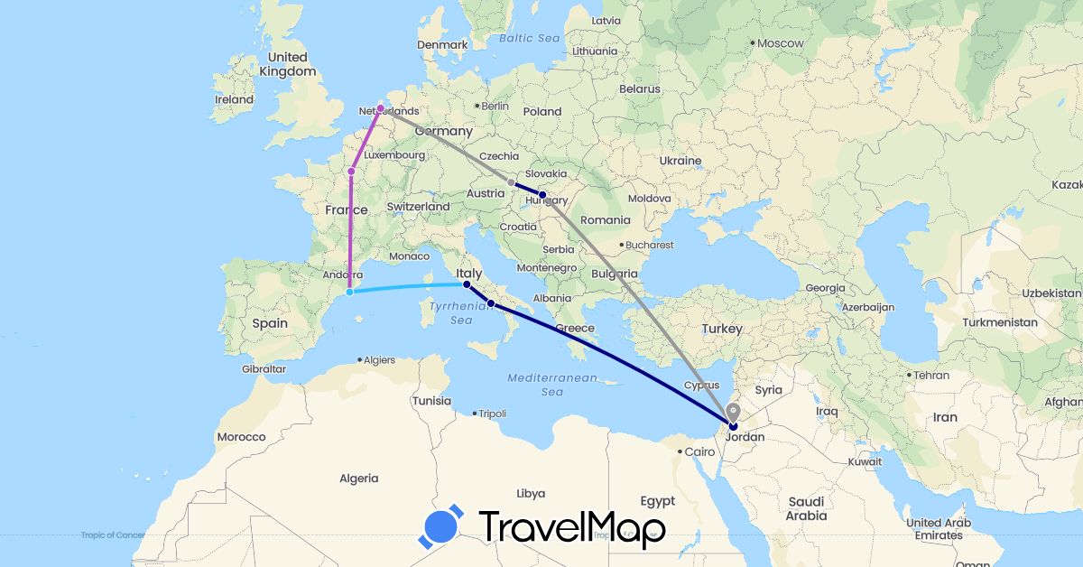 TravelMap itinerary: driving, plane, train, boat in Austria, Spain, France, Hungary, Italy, Jordan, Netherlands (Asia, Europe)